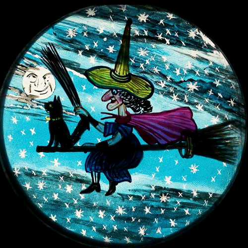 An animated magic lantern slide depicting a witch flying on her broomstick