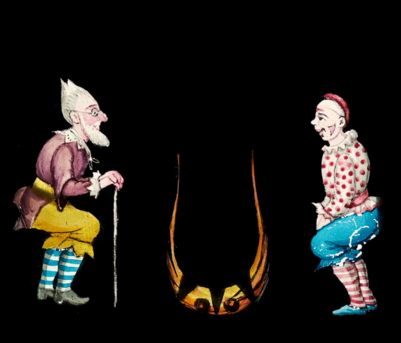An animated magic lantern slide of an old man & a clown around a cauldron. Clown jumps into cauldron.