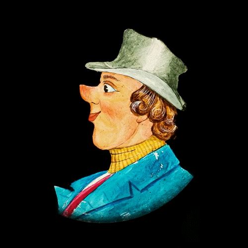 An animated magic lantern slide depicting a man with a chin that grows & shrinks
