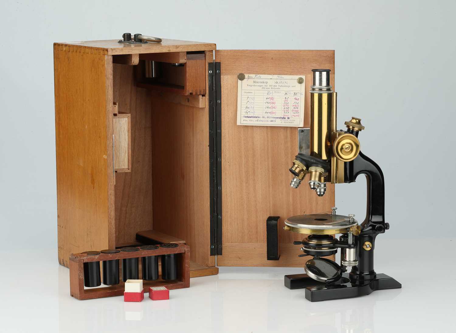 Lot 229 - Brass & Black Enamel Microscope By Reichert