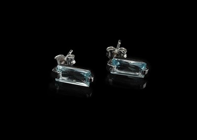 Lot 588 - 18 ct White Gold Mounted Princess Cut Aquamarine Earrings