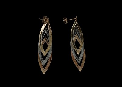 Lot 590 - A Pair of 14 ct Three Tone Gold Flat Link Earrings