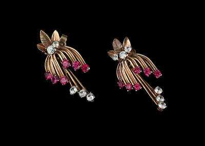 Lot 594 - A Pair of 9 ct Gold Chip Stone Ruby and Diamond Spray Earrings