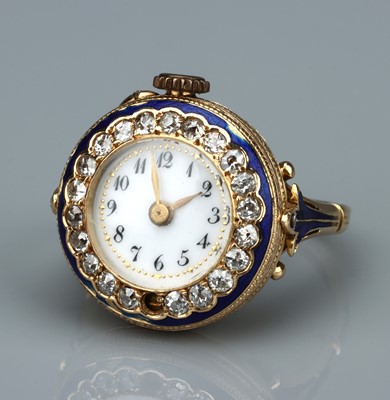 Lot 135 - An Extremely Rare Jaeger LeCoultre Belle Epoque Diamond and Enamel Ring Watch