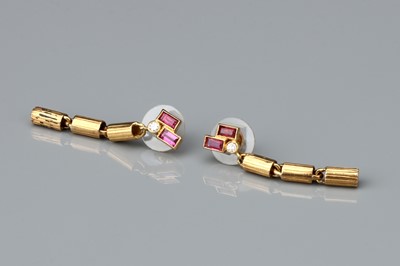 Lot 145 - A Pair of 1970s Diamond and Ruby Textured  Drop Earrings