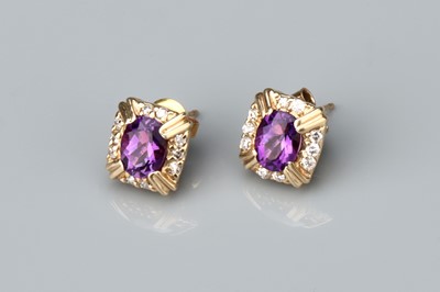 Lot 146 - A Pair of 14 ct Gold Oval Cut Amethyst and Diamond Earrings