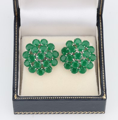 Lot 31 - A Pair of Silver Mounted Jade Cluster Earrings