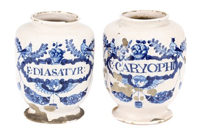 Lot 187G - A Pair of 18th Century English Peacock Pattern Delftware Drug Jars