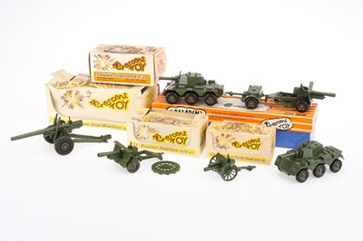 Lot 1291 - Crescent Toys boxed British Army vehicles and artillery comprising sets 1249 18-pdr Field Gun, 1250 25-Pdr Field Gun, 1251 5.5 inch Howitzer, 1263 Saladin Armoured Car,  2154 Saladin Armoured Patrol