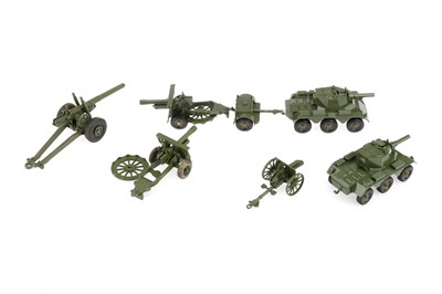 Lot 980 - Crescent Toys boxed British Army vehicles and artillery comprising sets 1249 18-pdr Field Gun, 1250 25-Pdr Field Gun, 1251 5.5 inch Howitzer, 1263 Saladin Armoured Car,  2154 Saladin Armoured Patrol