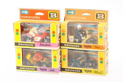 Lot 957 - Britains motorbikes - 2nd type - boxes comprising 9671 Racing Norton, 9672 British Despatch Rider, 9673 Police Patrolman, and 9678 M V Augusta