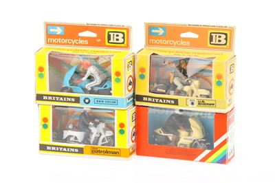 Lot 956 - Britains motorcycles in - 2nd type - boxes comprising 9692 U.S. Sheriff, 9696 B.M.W. Civilian, 9697 Police Patrolman, and 9673 Police Patrolman on Norton in 3rd type box