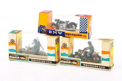 Lot 955 - Britains motorcycles - 1st type boxes comprising 9679 German Dispatch rider (2), and 9694 riderless 600 c.c. BMW