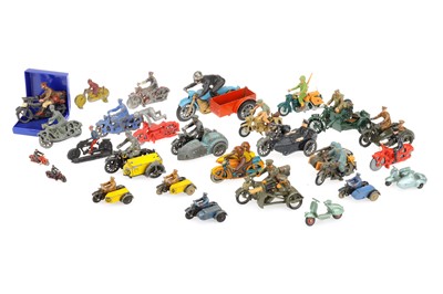 Lot 944 - A collection of unboxed motorcycles and riders by various makers including Dinky, Britains, Morestone etc