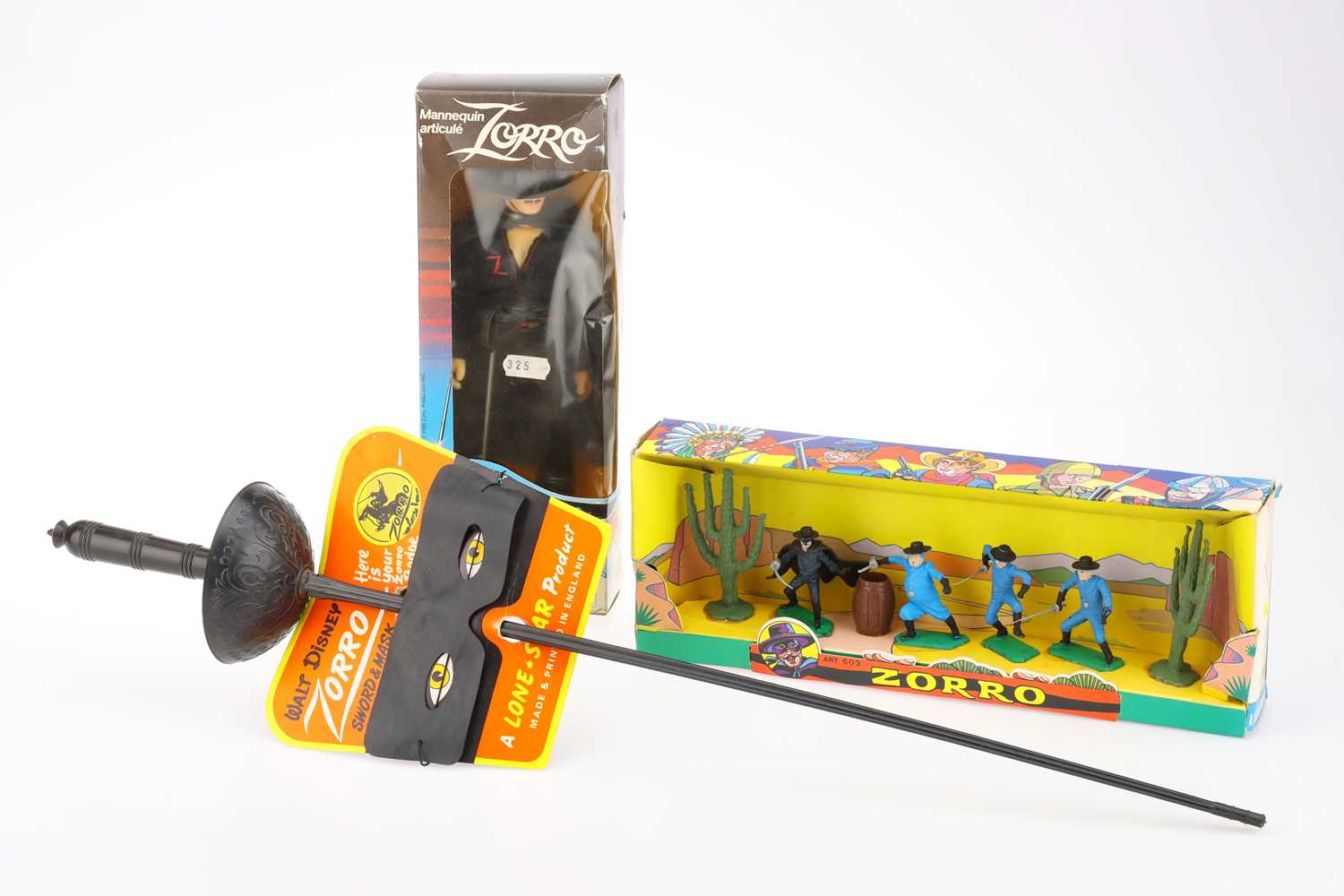 Lot 934 - Various plastic Zorro themed toys including rare Lone Star Sword & Mask on original card