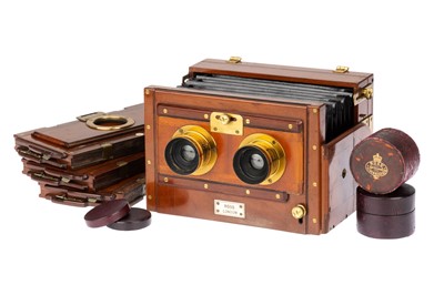 Lot 256 - A Ross Stereo Mahogany & Brass Tailboard Camera