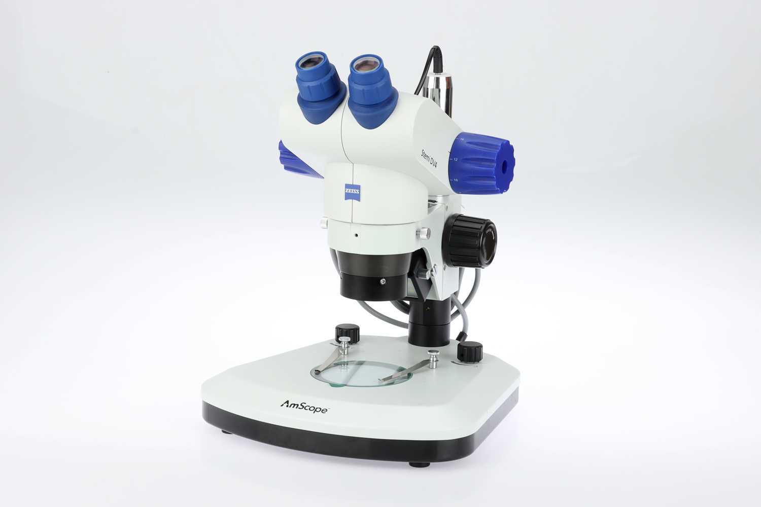 Lot 584 - A Zeiss AmScope Binocular Zoom Microscope & Boom Arm