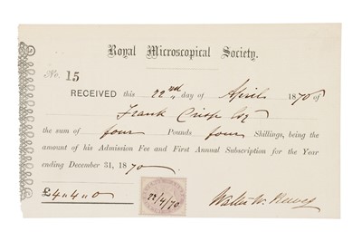 Lot 134 - Original Royal Microscopical Society Recipt, Frank Crisp, 1870