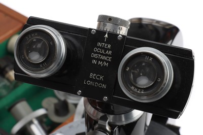 Lot 127 - An Extensively Well Equipped Beck Optomax Research Binocular Microscope
