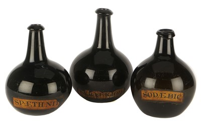 Lot 420 - Three Bulbous Green Glass Apothecary Bottles