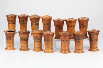 Lot 130 - Collection of 14 Continental Chemists Turned Wood Jars