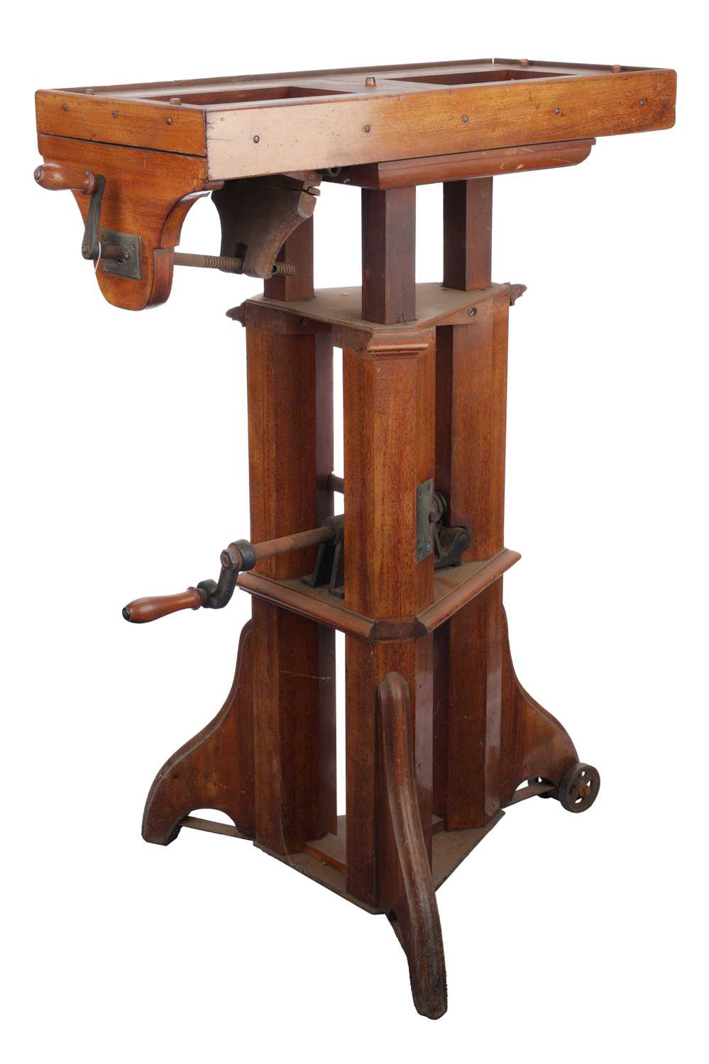 Lot 243 - A Large Polished Mahogany Gothic Studio Camera Tripod