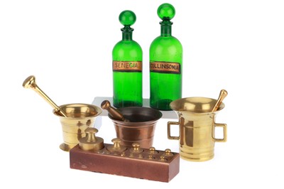 Lot 414 - Collection of Apothecary Bottles & Brass Mortar & Pestles