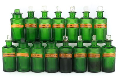 Lot 167 - Collection of 15 Small Ribbed Chemists Poison Bottles