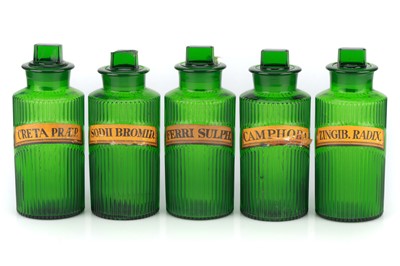 Lot 169 - Collection of 5 Large Ribbed Chemists Poison Bottles