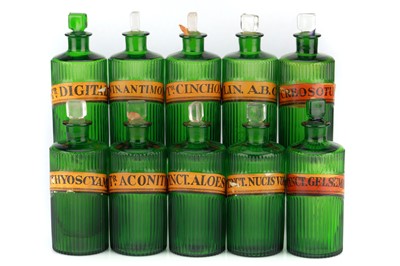 Lot 168 - Collection of 10 Medium Ribbed Chemists Poison Bottles