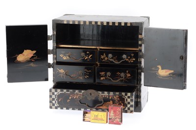 Lot 521 - Small Japanese Black Lacquer and Ceramic Cabinet