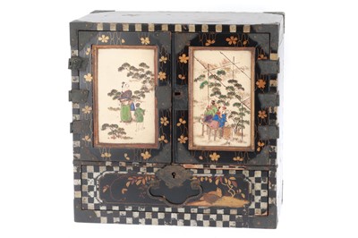 Lot 678 - Small Japanese Black Lacquer and Ceramic Cabinet