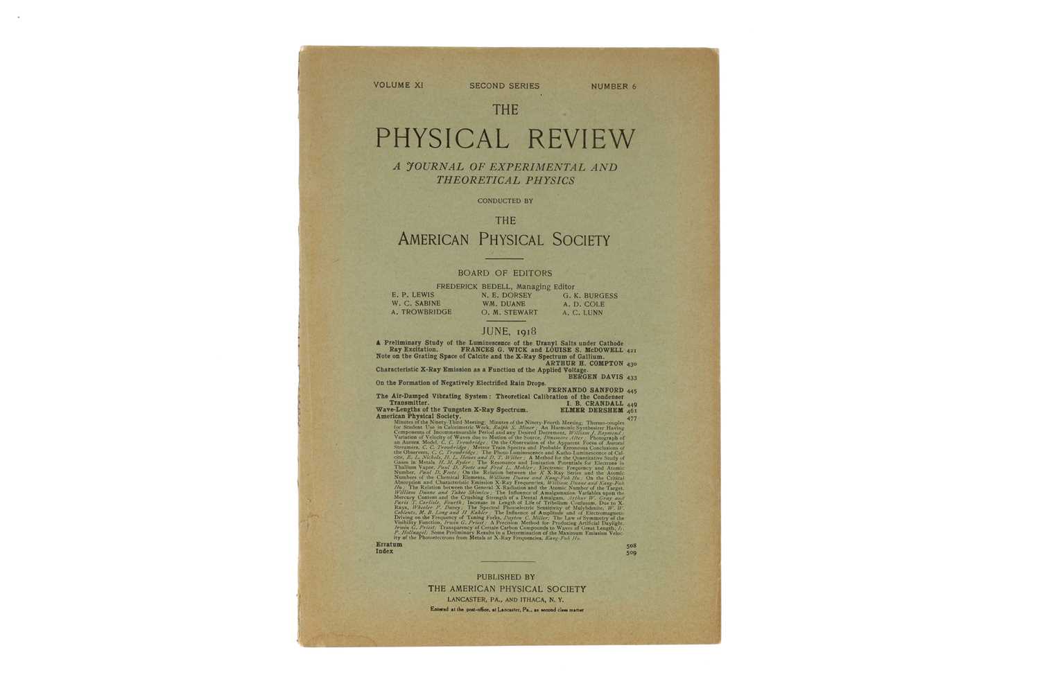 Lot 473 - Wick, Frances G. & Louise S. McDowell, A Preliminary Study of the Luminescence of the Uranyl Salts under Cathode Ray Excitation