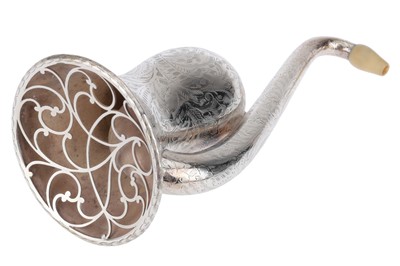 Lot 308 - An elaborately-engraved plated white metal Rein & Sons Parabolic Bell Ear Trumpet Hearing Aid
