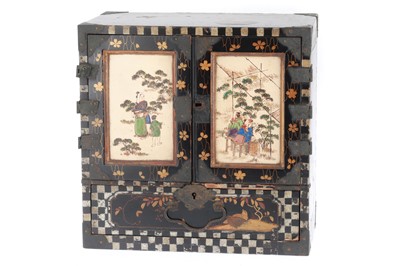 Lot 466 - A Small Japanese Black Lacquer and Ceramic Cabinet