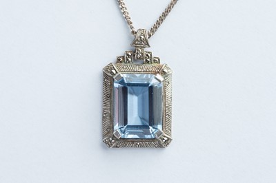 Lot 76 - A Silver Art Deco Style Blue Paste & Marcasite Pendant Necklace