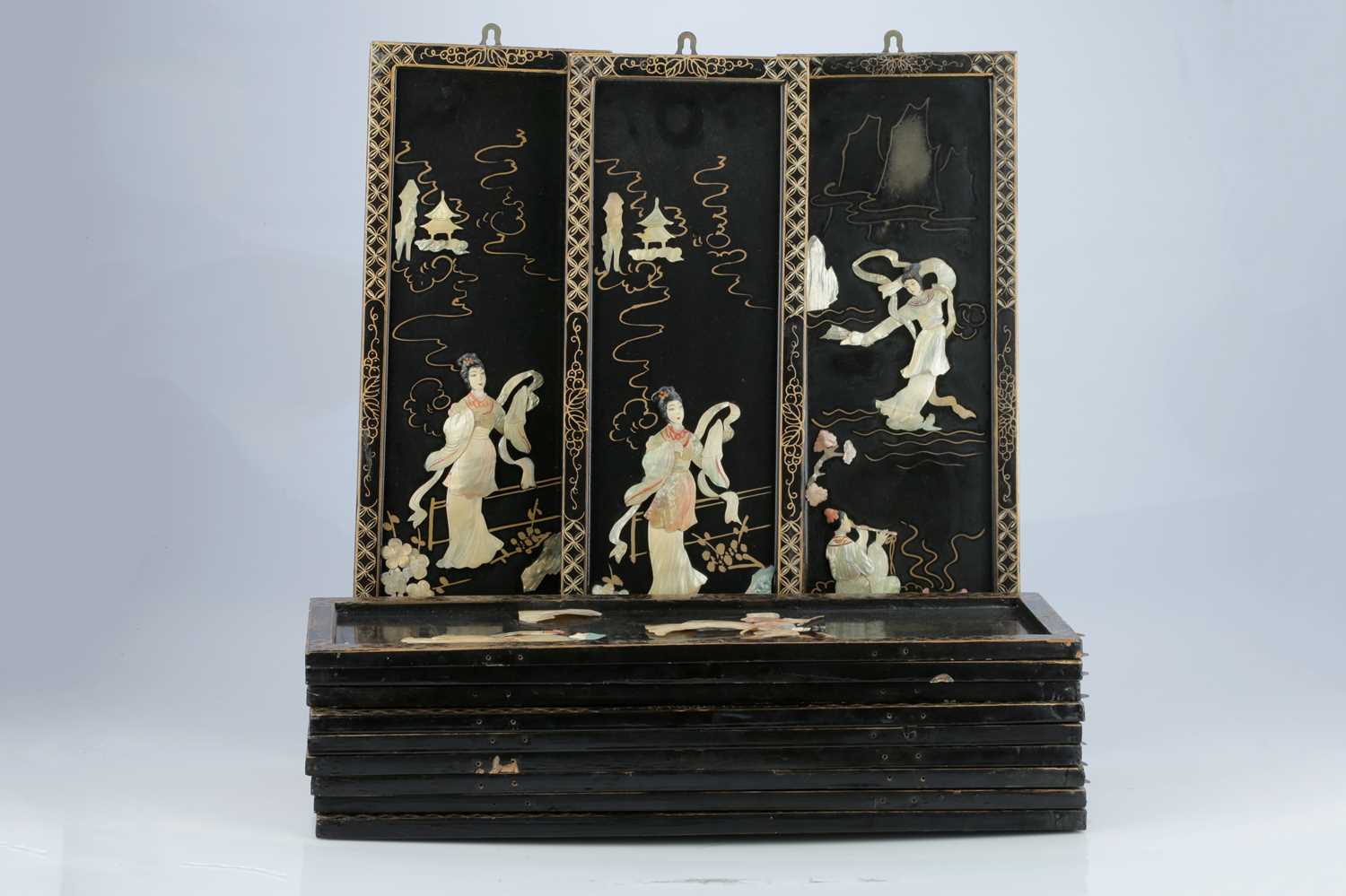 Lot 95 - Twelve Japanese Wooden Wall HAnging Plaques / Screens