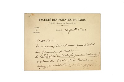 Lot 388 - Important Document from Peter Curie Concerning the Purchase of Radium Bromide, 1903